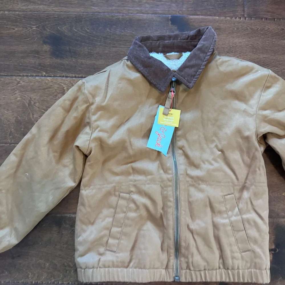 Cat & Jack Toddler Boys Tan Canvas Work Jacket Faux Fur Lining Brown Corduroy 4T